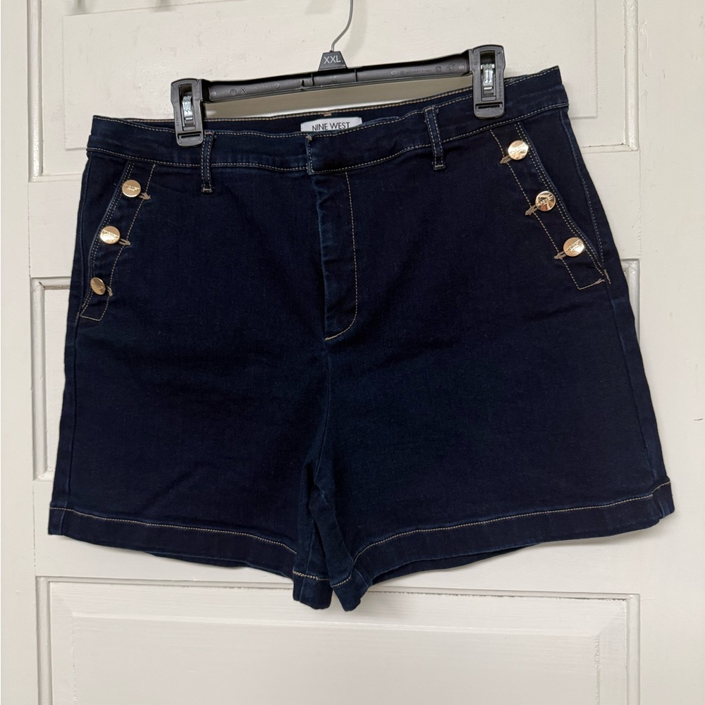 Nine West Dark Navy High-Rise Jean Shorts with Gold Buttons
